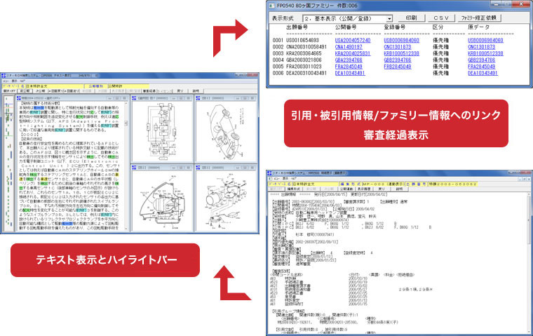 テキスト表示とハイライトバー 引用・被引用情報/ファミリー情報へのリンク審査経過表示