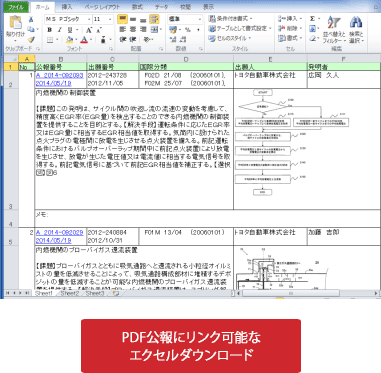PDF公報にリンク可能なエクセルダウンロード