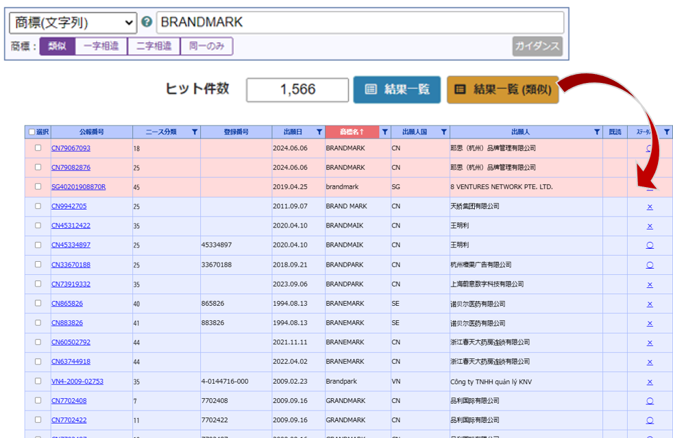BMSアジア類似商標検索画面
