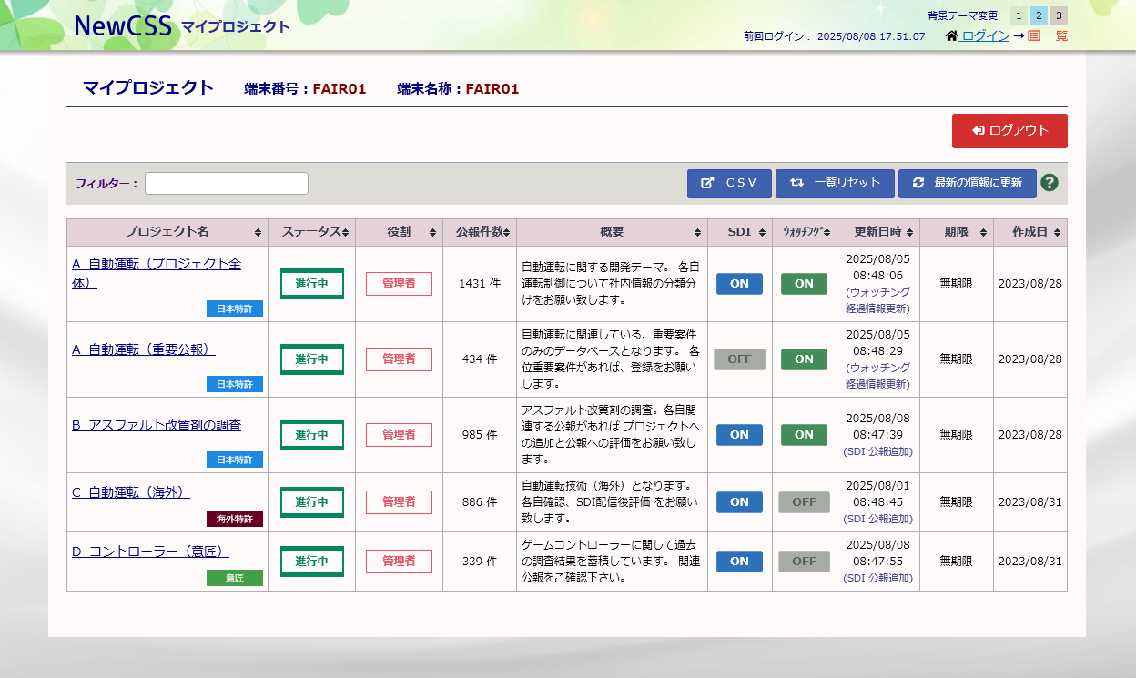 NewCSSプロジェクト管理マイプロジェクト画面
